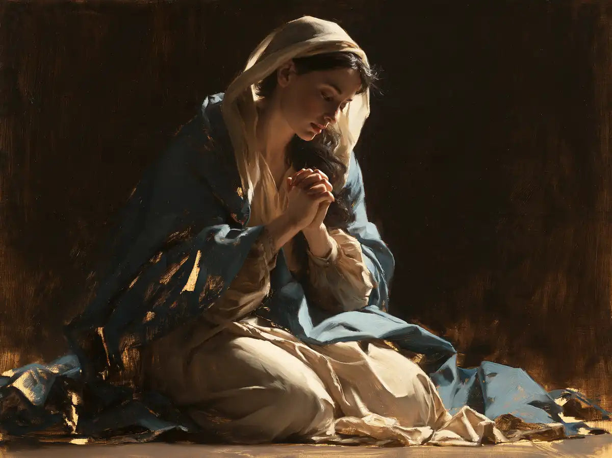 Virgin Mary in Prayer - Black and Gold - Christian artwork collection