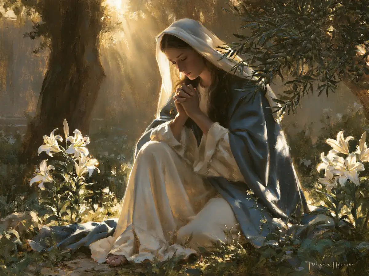 Virgin Mary in Prayer - Mary in a Sacred Garden - Christian artwork collection