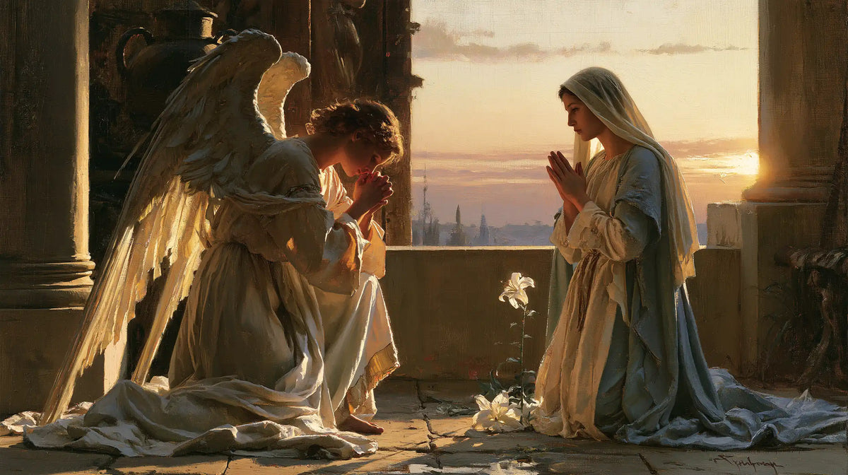 the Annunciation at dawn in The Annunciation at Dawn style, landscape Christian artwork no. 2