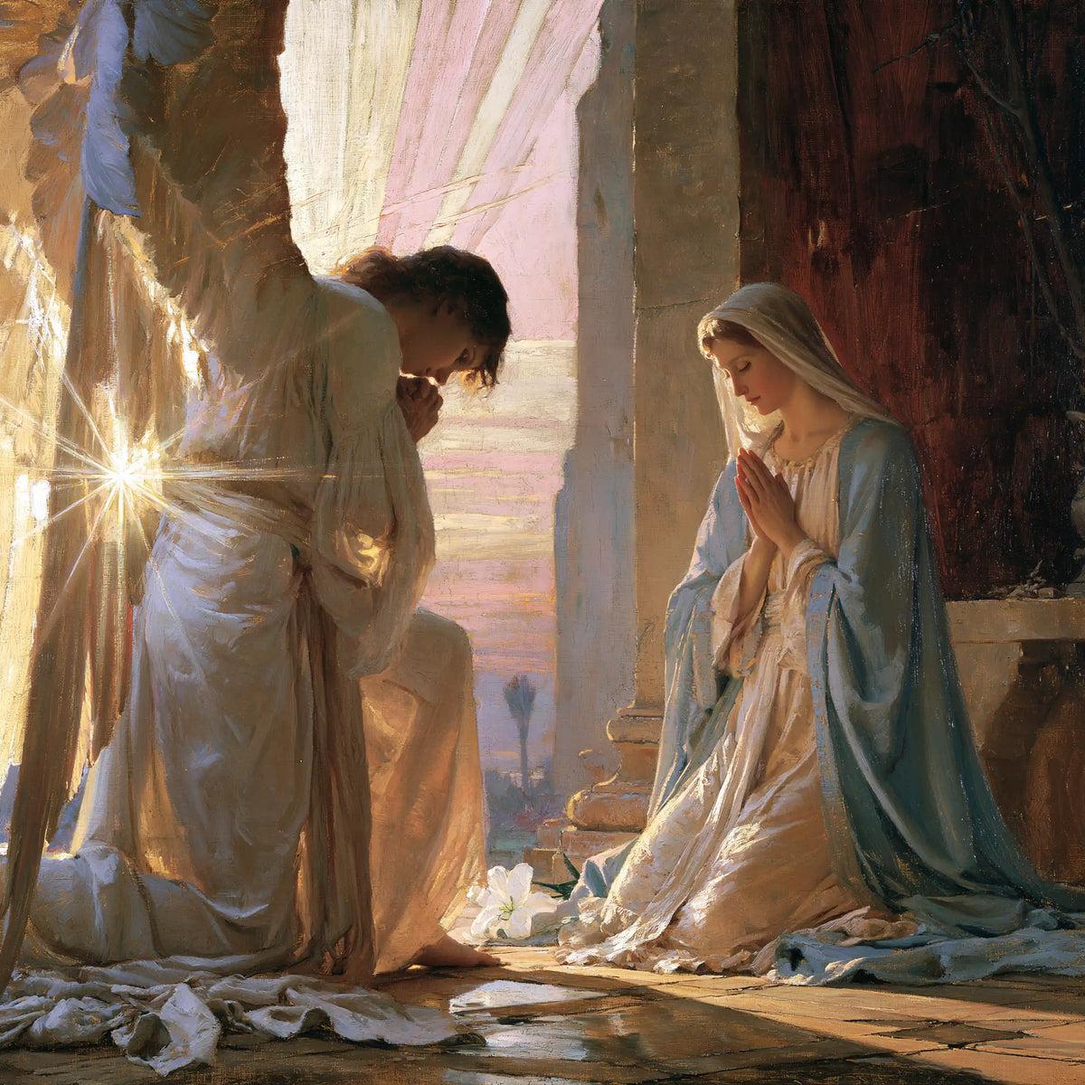 the Annunciation at dawn in The Annunciation at Dawn style, square Christian artwork no. 3