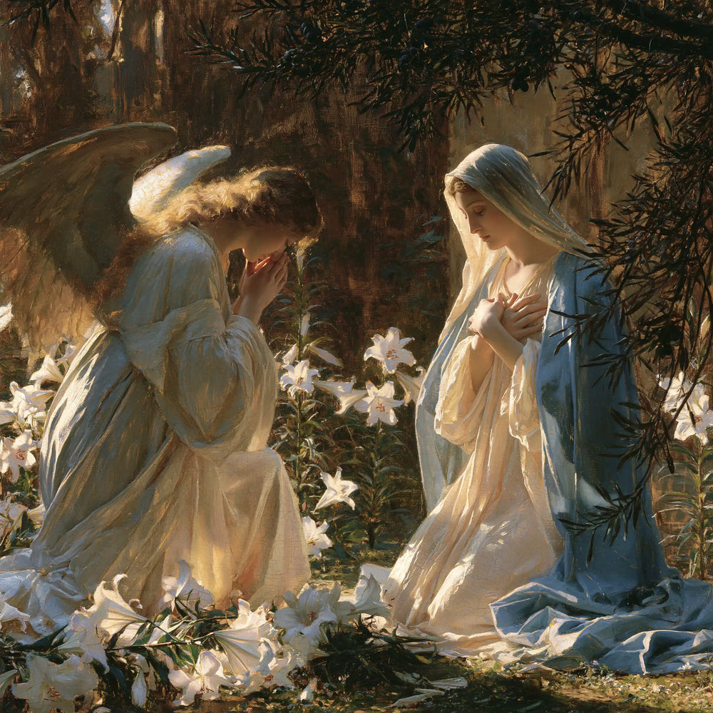 the Annunciation in a garden in The Annunciation in the Garden style, square Christian artwork no. 8