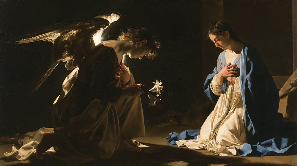 the Annunciation in dramatic chiaroscuro in Caravaggio Tenebrism style, landscape Christian artwork no. 8