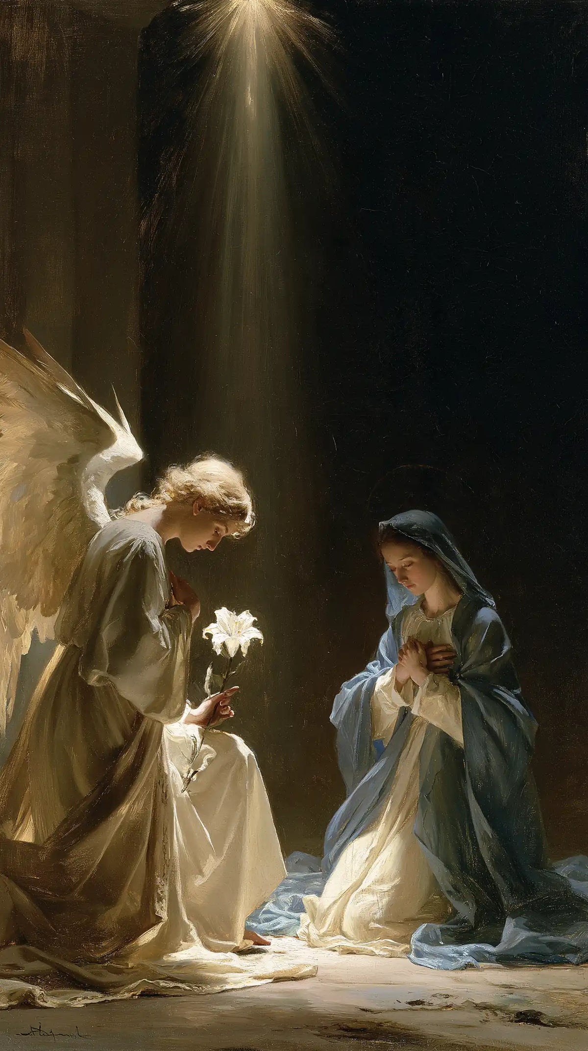 a celestial Annunciation in blue, ivory and gold in Celestial Annunciation in Blue, Ivory and Gold style, portrait Christian artwork no. 1