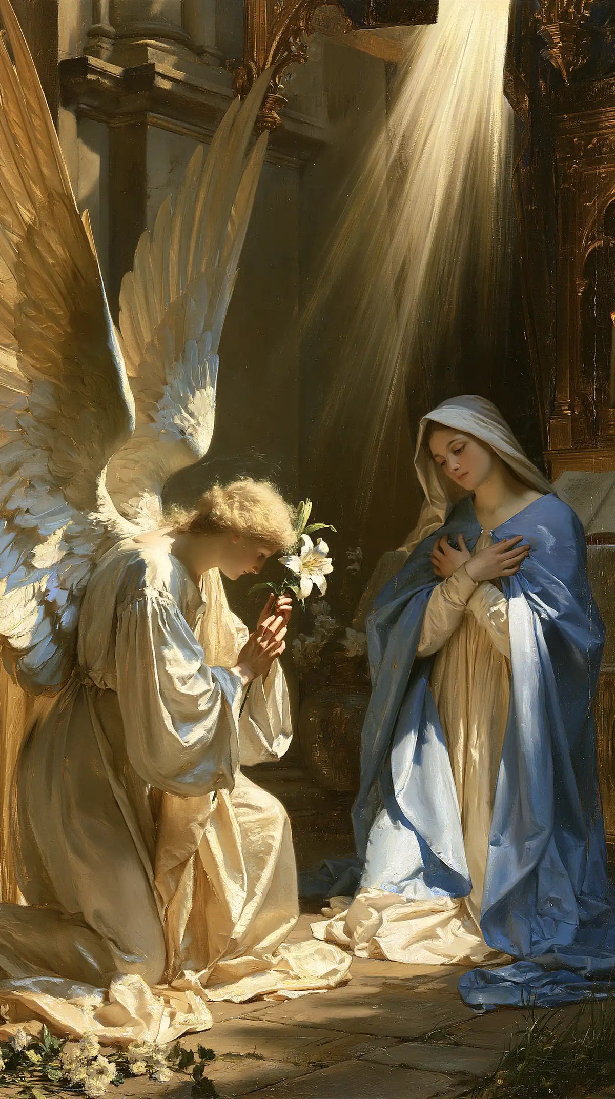 a celestial Annunciation in blue, ivory and gold in Celestial Annunciation in Blue, Ivory and Gold style, portrait Christian artwork no. 7