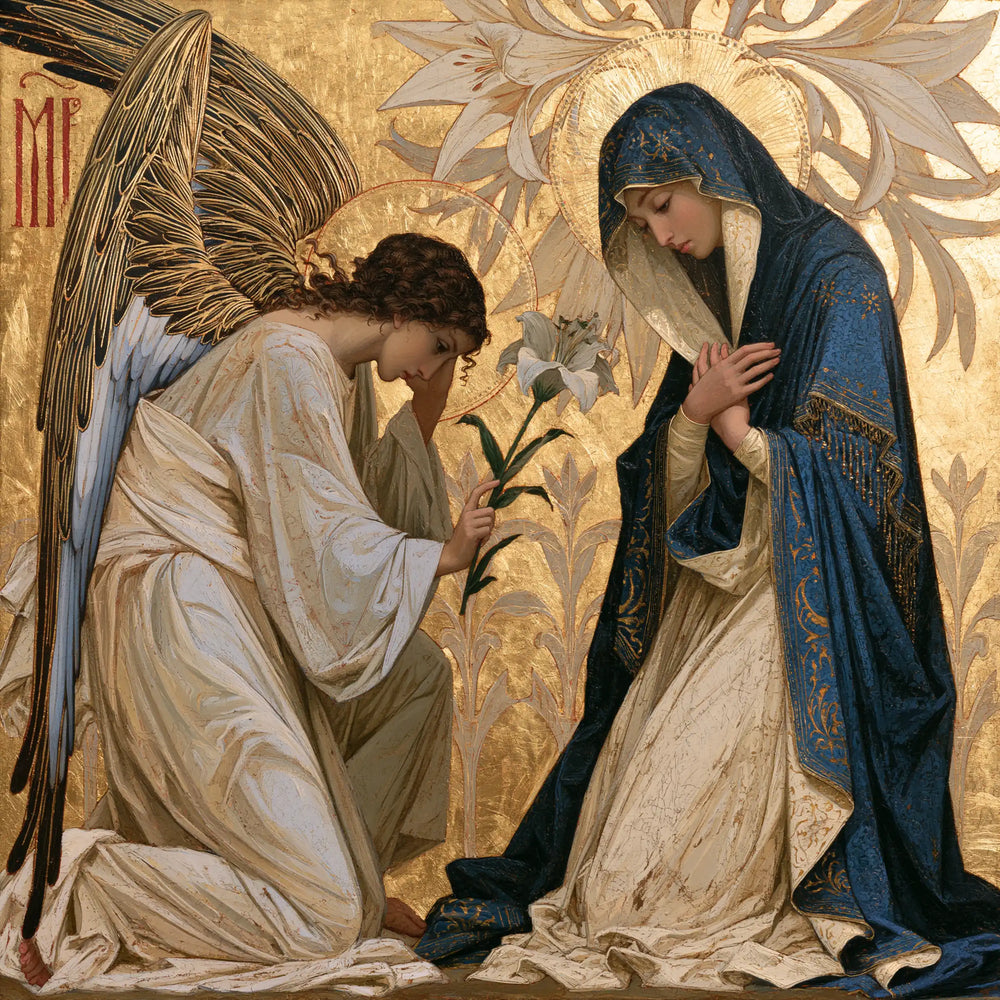 the Annunciation in a contemporary Byzantine icon in Contemporary Byzantine style, square Christian artwork no. 9