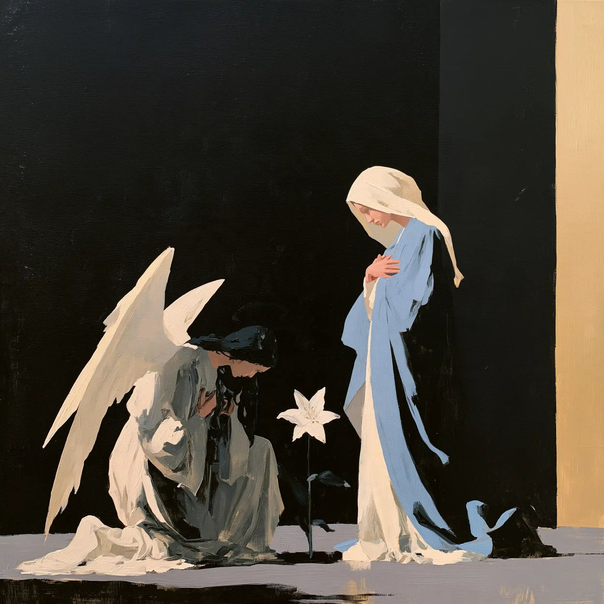 the Annunciation in a minimalist composition in Contemporary Minimalism style, square Christian artwork no. 1