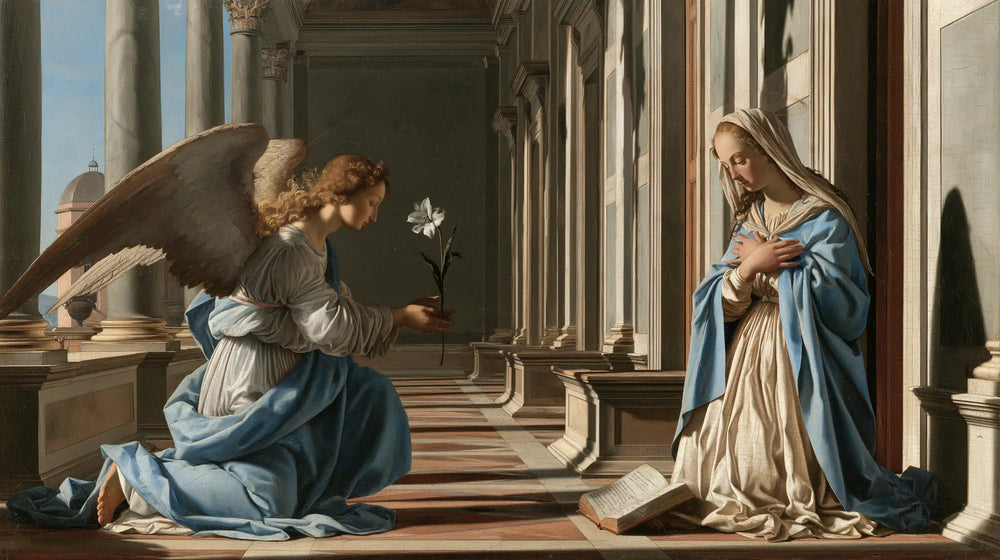 the Annunciation in Florentine Renaissance style in Florentine Renaissance style, landscape Christian artwork no. 13