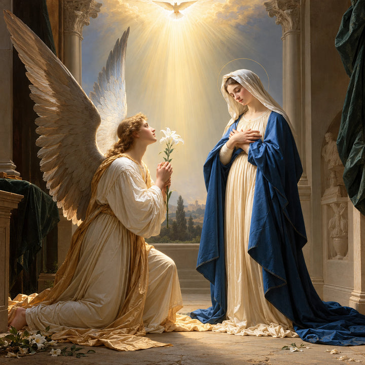 Annunciation beneath Golden Light – Theatrical Baroque · Square