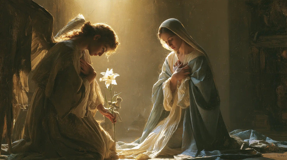Mary kneeling before Gabriel at the Annunciation in Mary Kneeling before Gabriel style, landscape Christian artwork no. 10