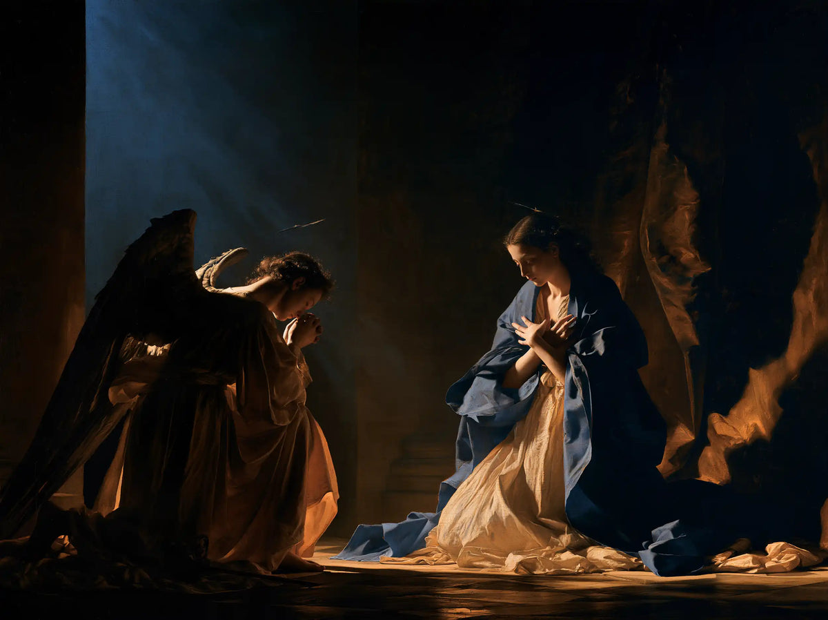 the Annunciation in midnight-blue chiaroscuro in Midnight Blue Chiaroscuro style, landscape Christian artwork no. 10