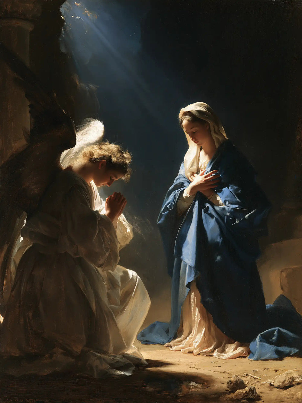 the Annunciation in midnight-blue chiaroscuro in Midnight Blue Chiaroscuro style, portrait Christian artwork no. 12