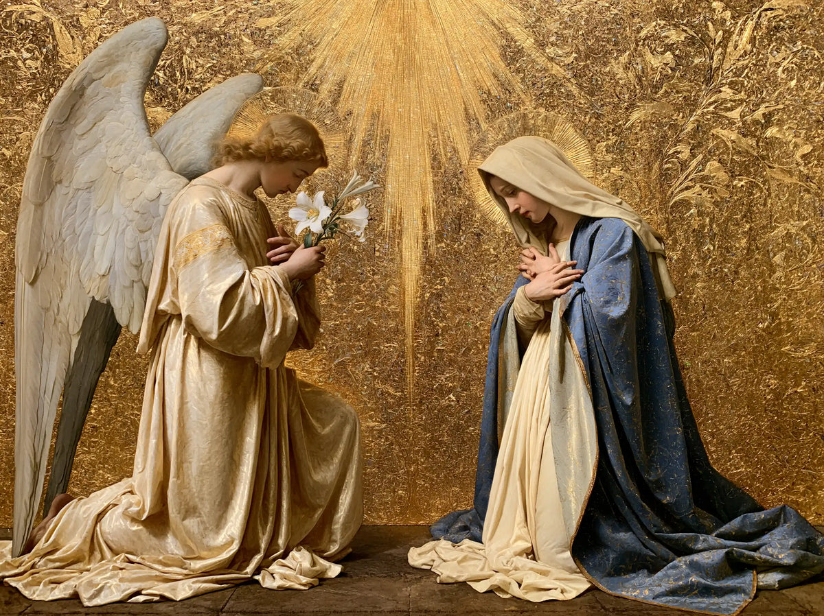 the Annunciation in sacred golden light in Sacred Gold style, landscape Christian artwork no. 6