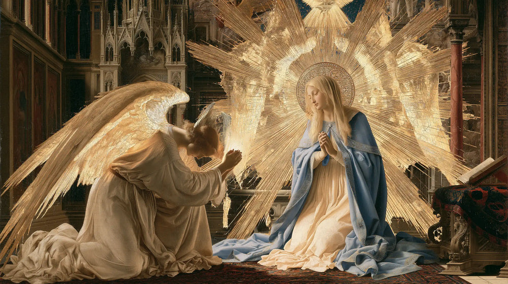 the Annunciation in a monumental sacred view in Sacred Monumental View style, landscape Christian artwork no. 11