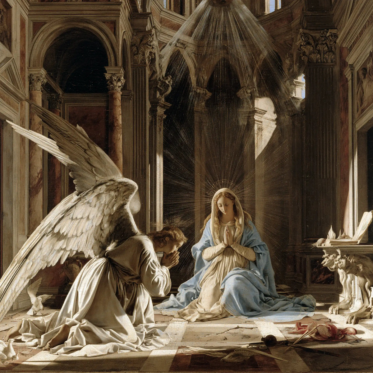 the Annunciation in a monumental sacred view in Sacred Monumental View style, square Christian artwork no. 1