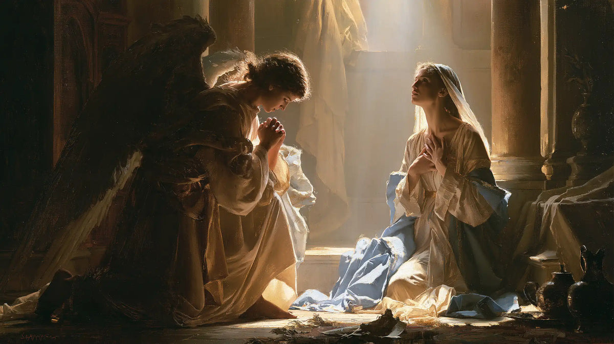 Mary receiving Gabriel's message in sacred surprise in Sacred Surprise style, landscape Christian artwork no. 5