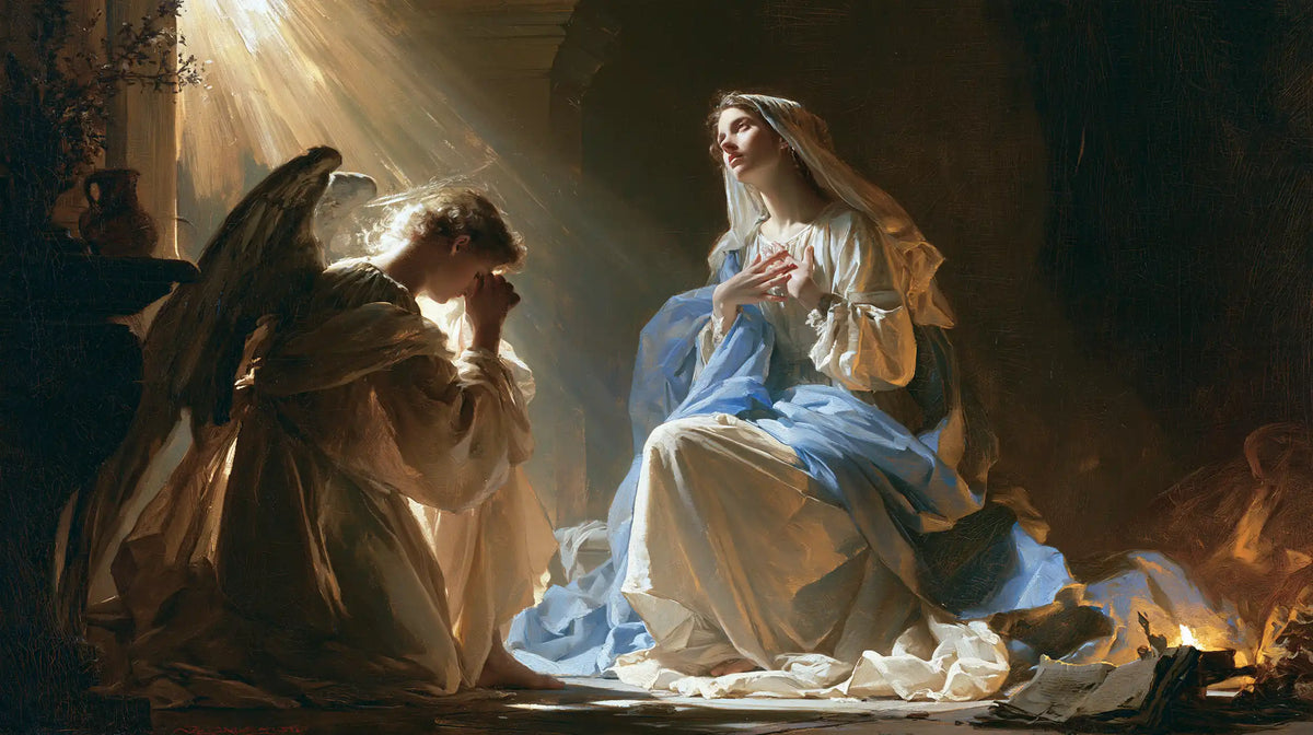 Mary receiving Gabriel's message in sacred surprise in Sacred Surprise style, landscape Christian artwork no. 9
