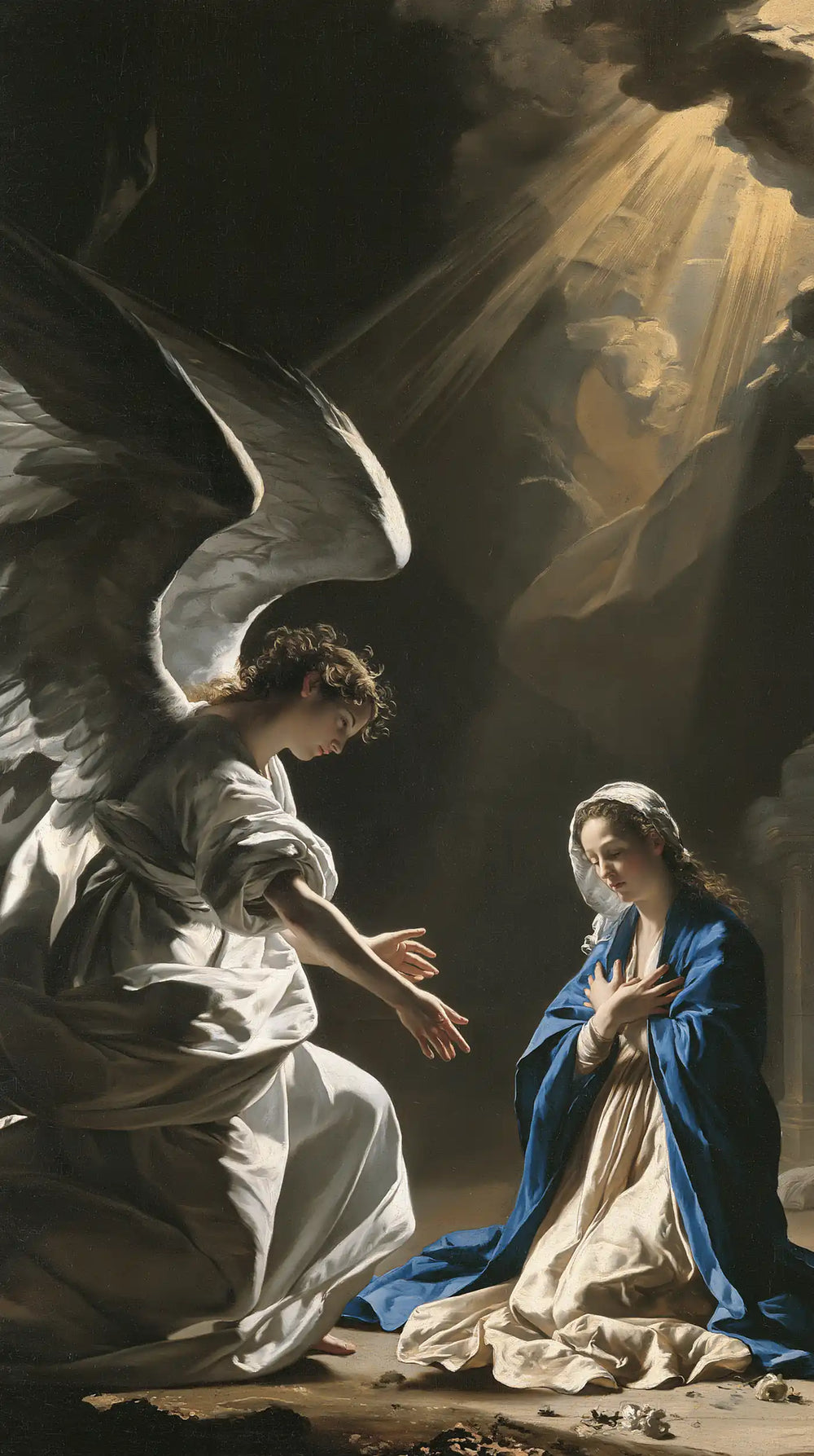 the Annunciation in a theatrical Baroque scene in Theatrical Baroque style, portrait Christian artwork no. 10