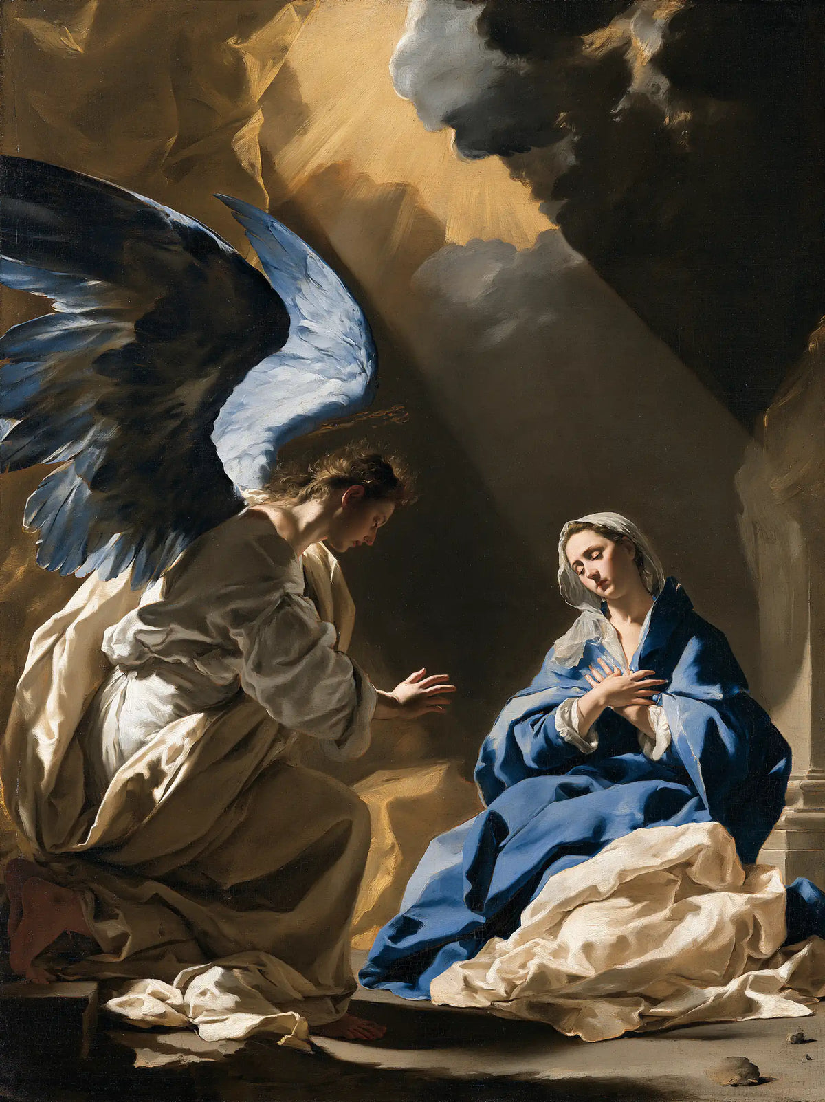 the Annunciation in a theatrical Baroque scene in Theatrical Baroque style, portrait Christian artwork no. 12