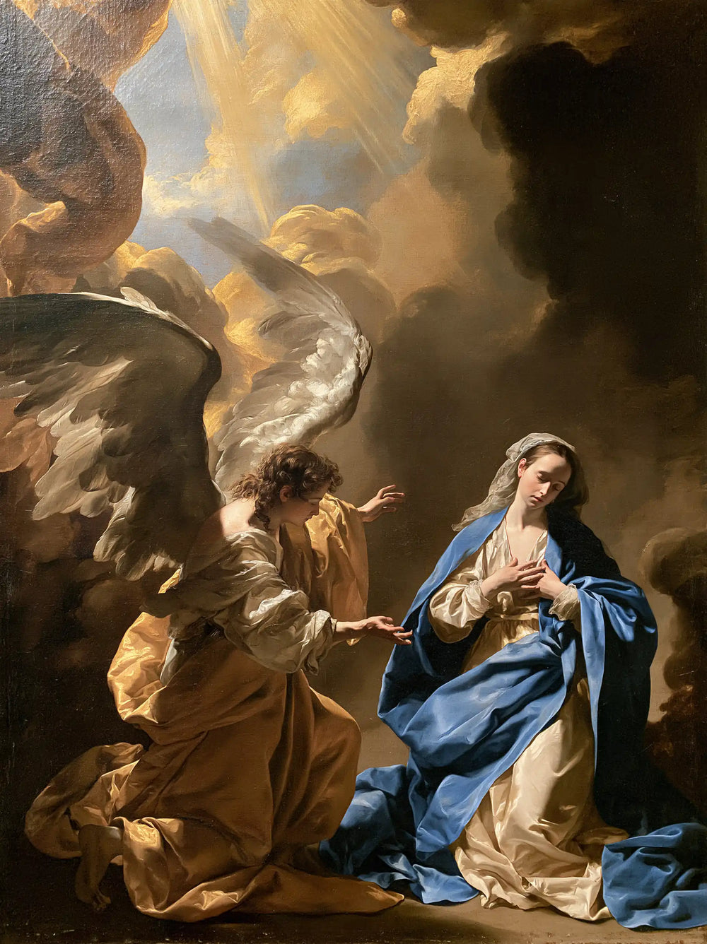 the Annunciation in a theatrical Baroque scene in Theatrical Baroque style, portrait Christian artwork no. 13