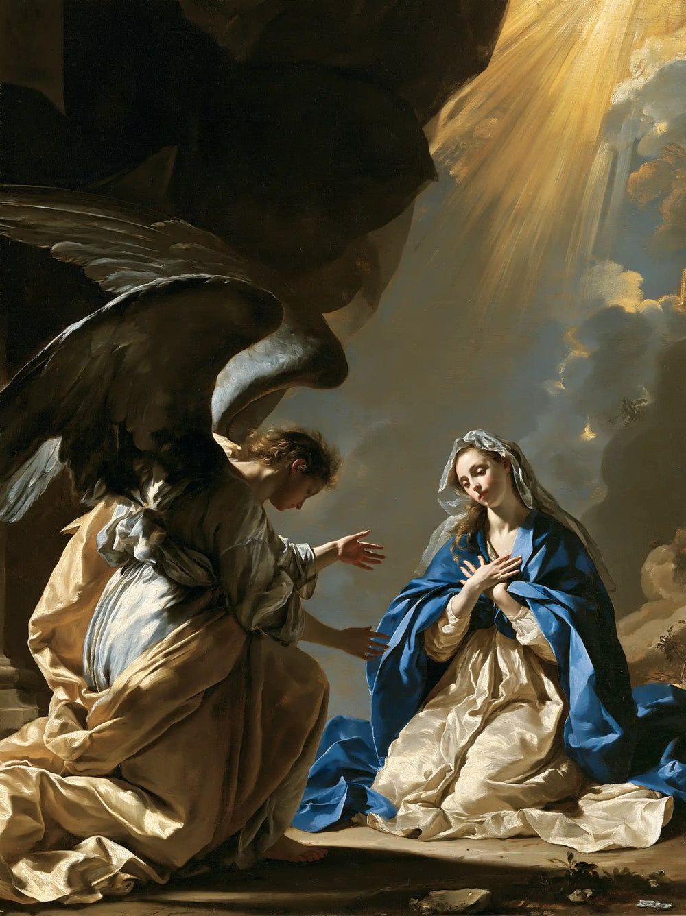 the Annunciation in a theatrical Baroque scene in Theatrical Baroque style, portrait Christian artwork no. 19
