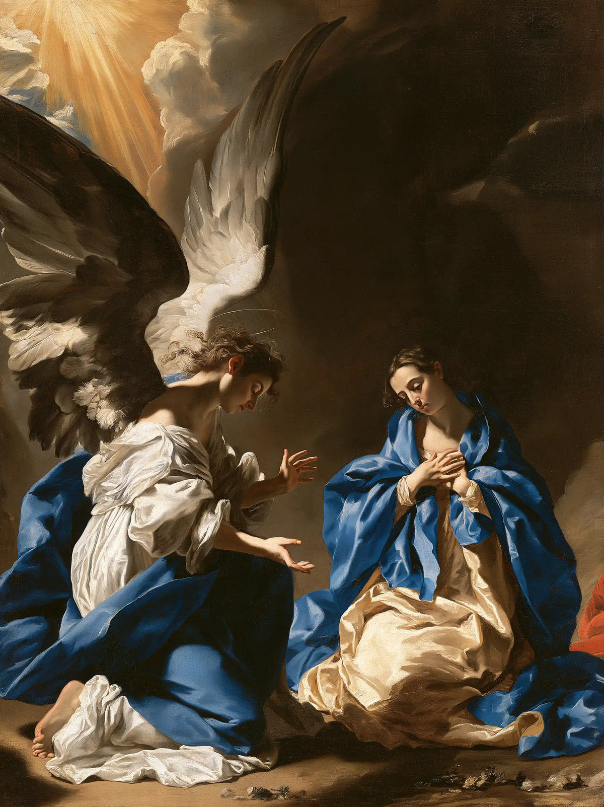 the Annunciation in a theatrical Baroque scene in Theatrical Baroque style, portrait Christian artwork no. 20