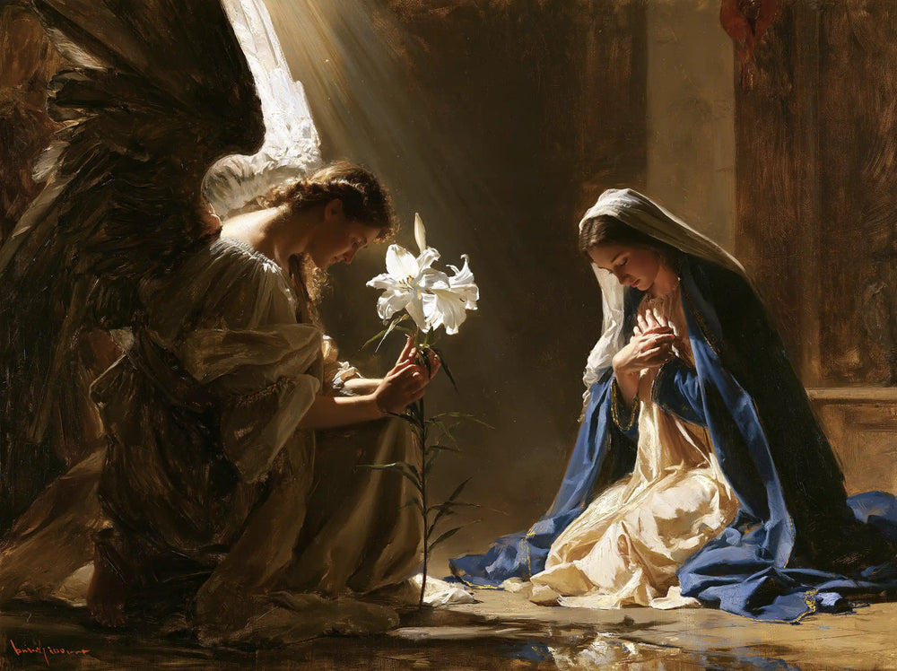 the Annunciation with the white lily as a central symbol in The White Lily as Symbol style, landscape Christian artwork no. 1