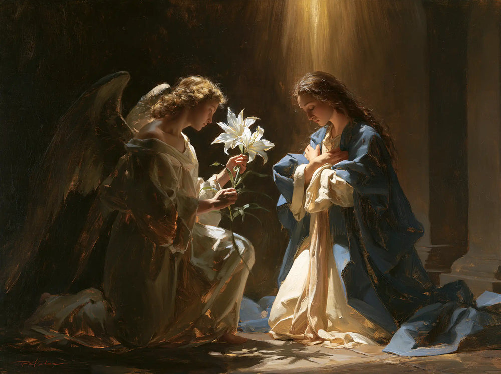 the Annunciation with the white lily as a central symbol in The White Lily as Symbol style, landscape Christian artwork no. 3