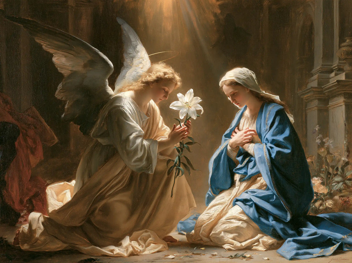 the Annunciation with the white lily as a central symbol in The White Lily as Symbol style, landscape Christian artwork no. 4