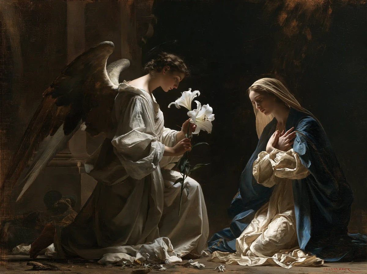 the Annunciation with the white lily as a central symbol in The White Lily as Symbol style, landscape Christian artwork no. 6