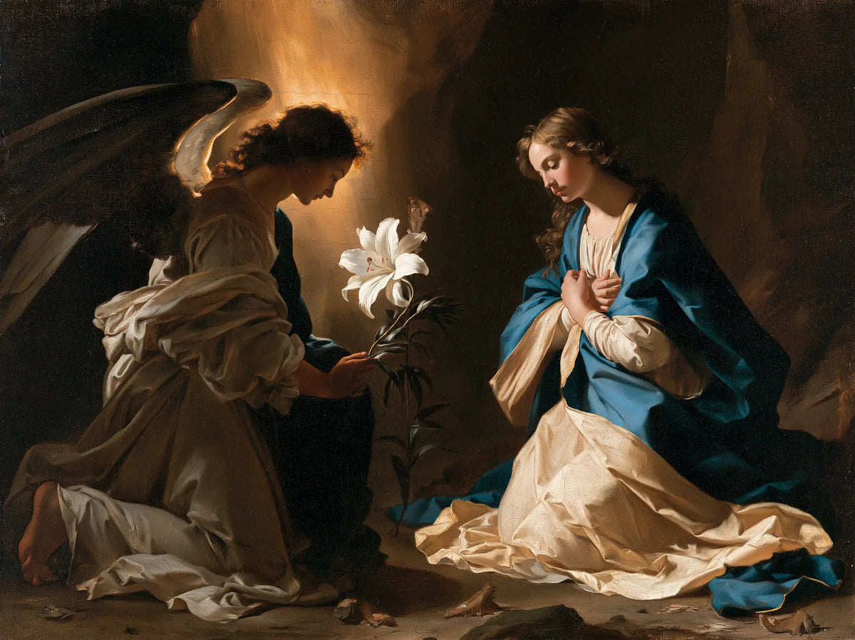 the Annunciation with the white lily as a central symbol in The White Lily as Symbol style, landscape Christian artwork no. 7