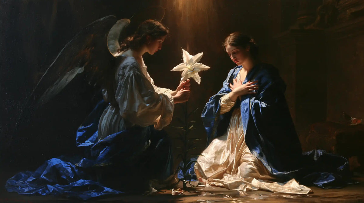 the Annunciation with the white lily as a central symbol in The White Lily as Symbol style, landscape Christian artwork no. 15