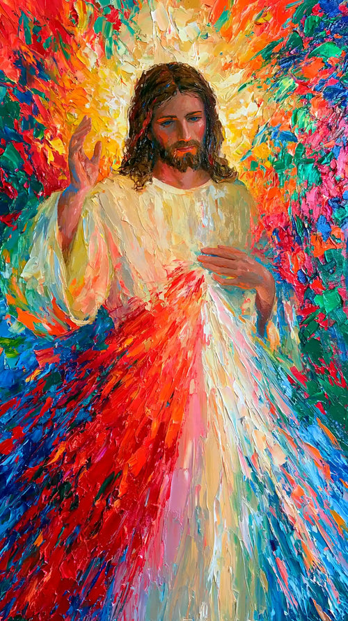 Jesus as Divine Mercy with red and pale rays, colour expressionism portrait Christian artwork