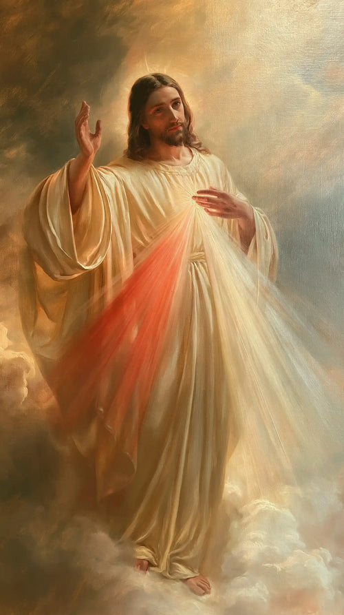 Divine Mercy Jesus appearing upon the clouds in Jesus upon the Clouds style, portrait Christian artwork no. 5