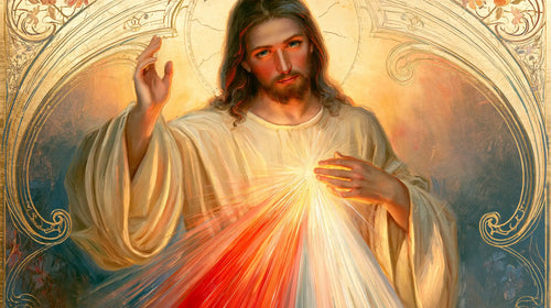 Divine Mercy Jesus framed by sacred Art Nouveau ornament in Sacred Art Nouveau style, landscape Christian artwork no. 14
