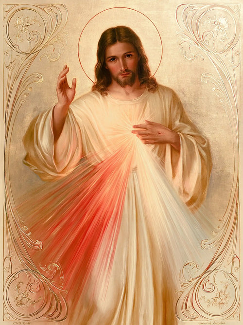 Divine Mercy Jesus framed by sacred Art Nouveau ornament in Sacred Art Nouveau style, portrait Christian artwork no. 9