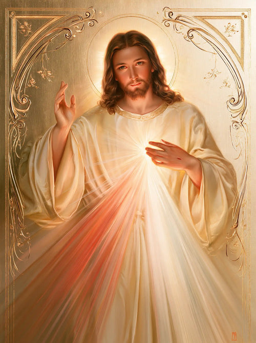 Divine Mercy Jesus framed by sacred Art Nouveau ornament in Sacred Art Nouveau style, portrait Christian artwork no. 13