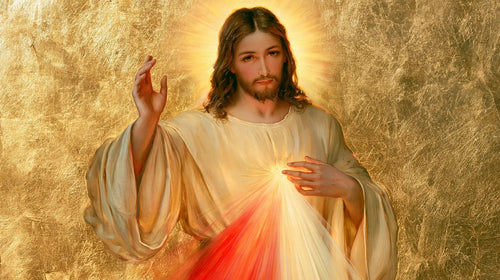 Divine Mercy Jesus in radiant golden light in Sacred Gold style, landscape Christian artwork no. 3