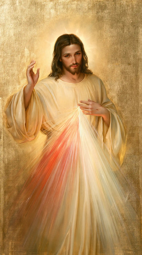 Divine Mercy Jesus in radiant golden light in Sacred Gold style, portrait Christian artwork no. 1