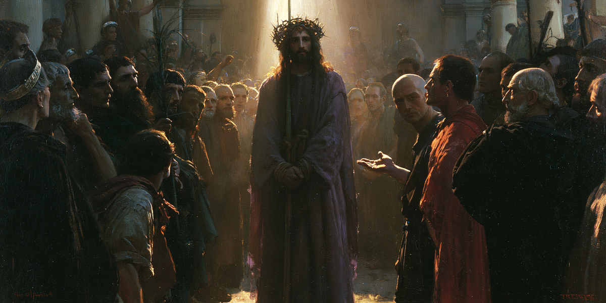 Ecce Homo — Bound Hands Between Grey Helmets