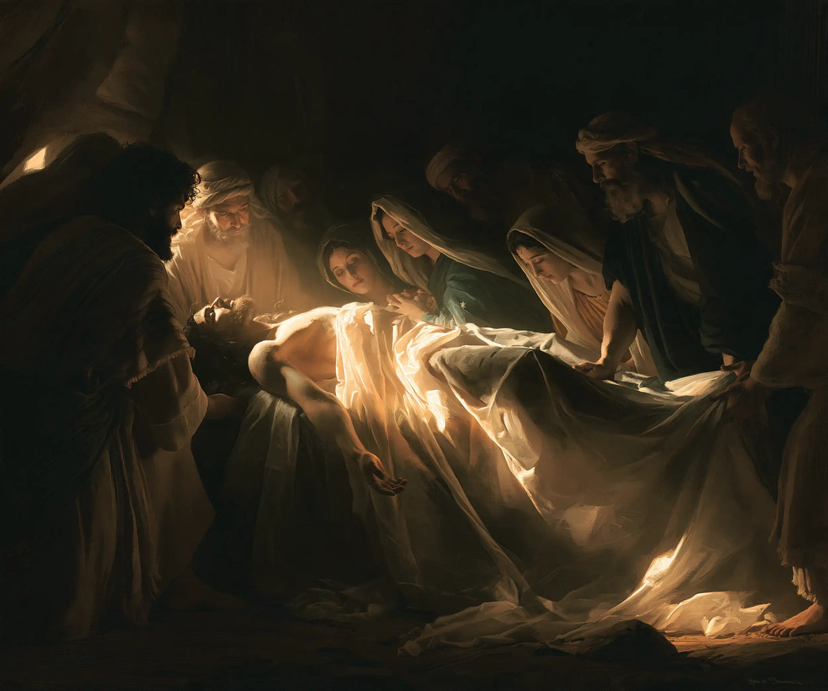 Entombment of Jesus Christ in Divine Light style, landscape Christian artwork no. 4