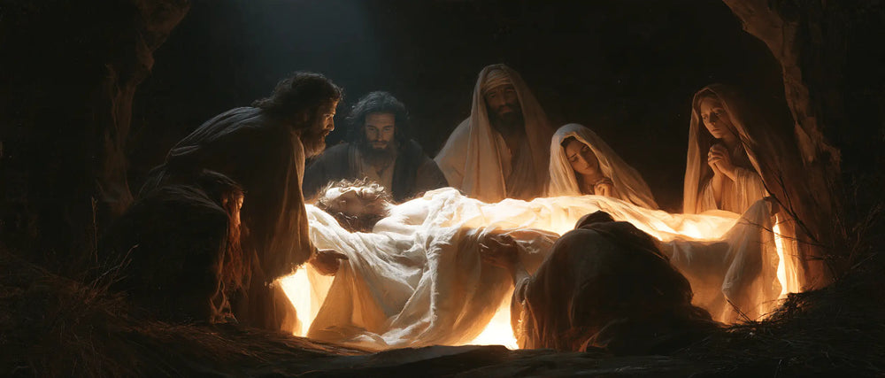 Entombment of Jesus Christ in Divine Light style, landscape Christian artwork no. 14