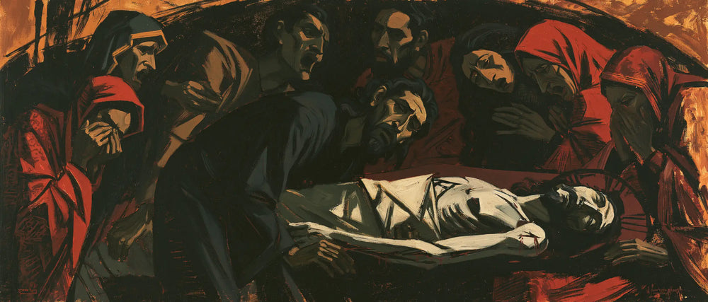 Entombment of Jesus Christ in Expressionist style, landscape Christian artwork no. 12