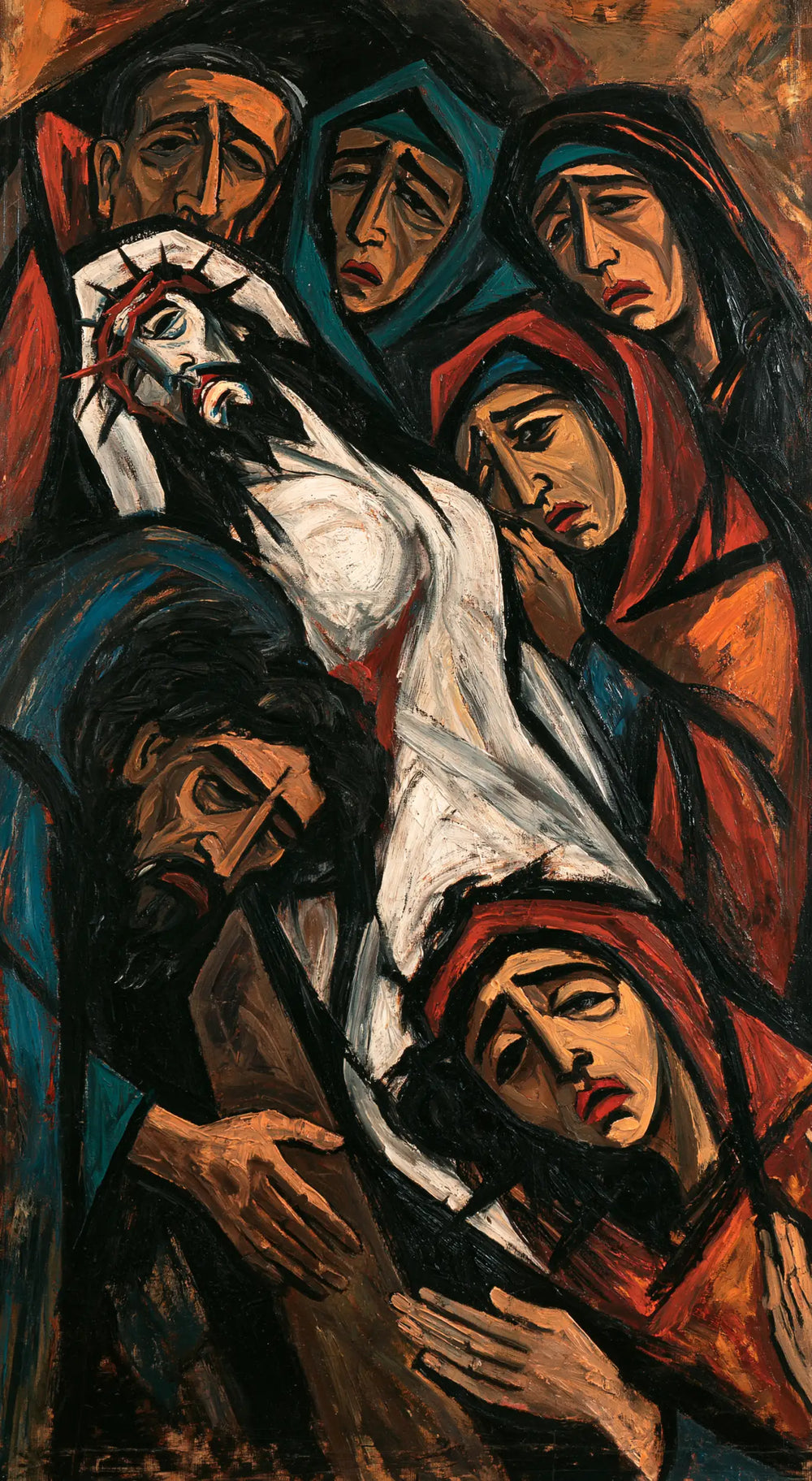 Entombment of Jesus Christ in Expressionist style, portrait Christian artwork no. 4