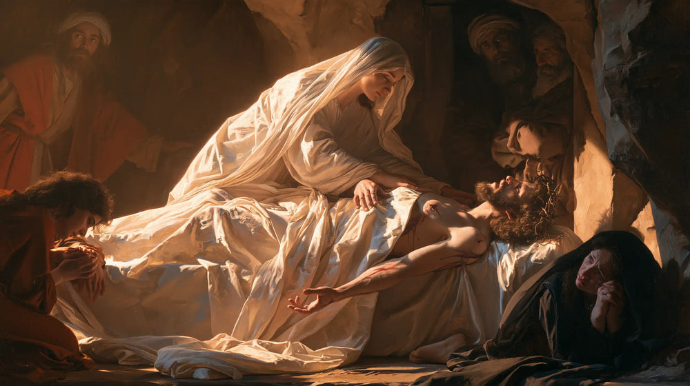 Entombment of Jesus Christ in Intimate Mourning style, landscape Christian artwork no. 3