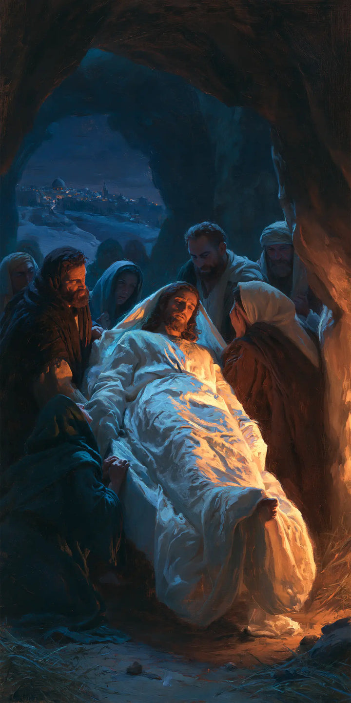 The Entombment of Jesus Christ — Linen Descending into Dark Azure