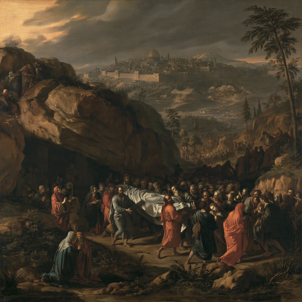 Entombment of Jesus Christ in Sacred Monumental View style, square Christian artwork no. 1