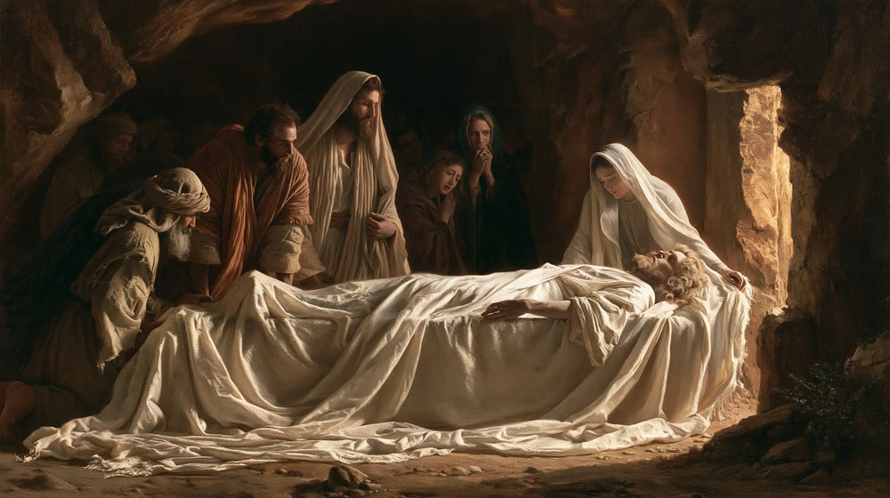 Entombment of Jesus Christ in Sacred Silence style, landscape Christian artwork no. 14