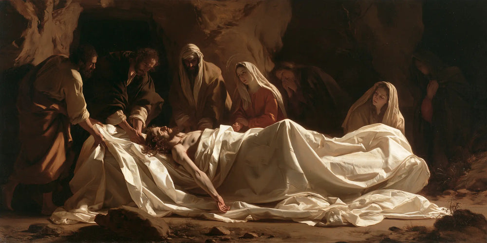 Entombment of Jesus Christ in Sacred Silence style, landscape Christian artwork no. 16