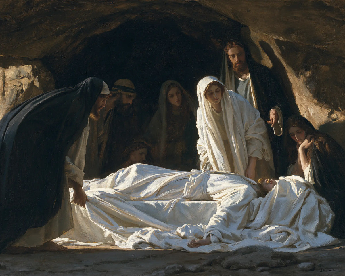 Entombment of Jesus Christ in Symbolist style, landscape Christian artwork no. 3