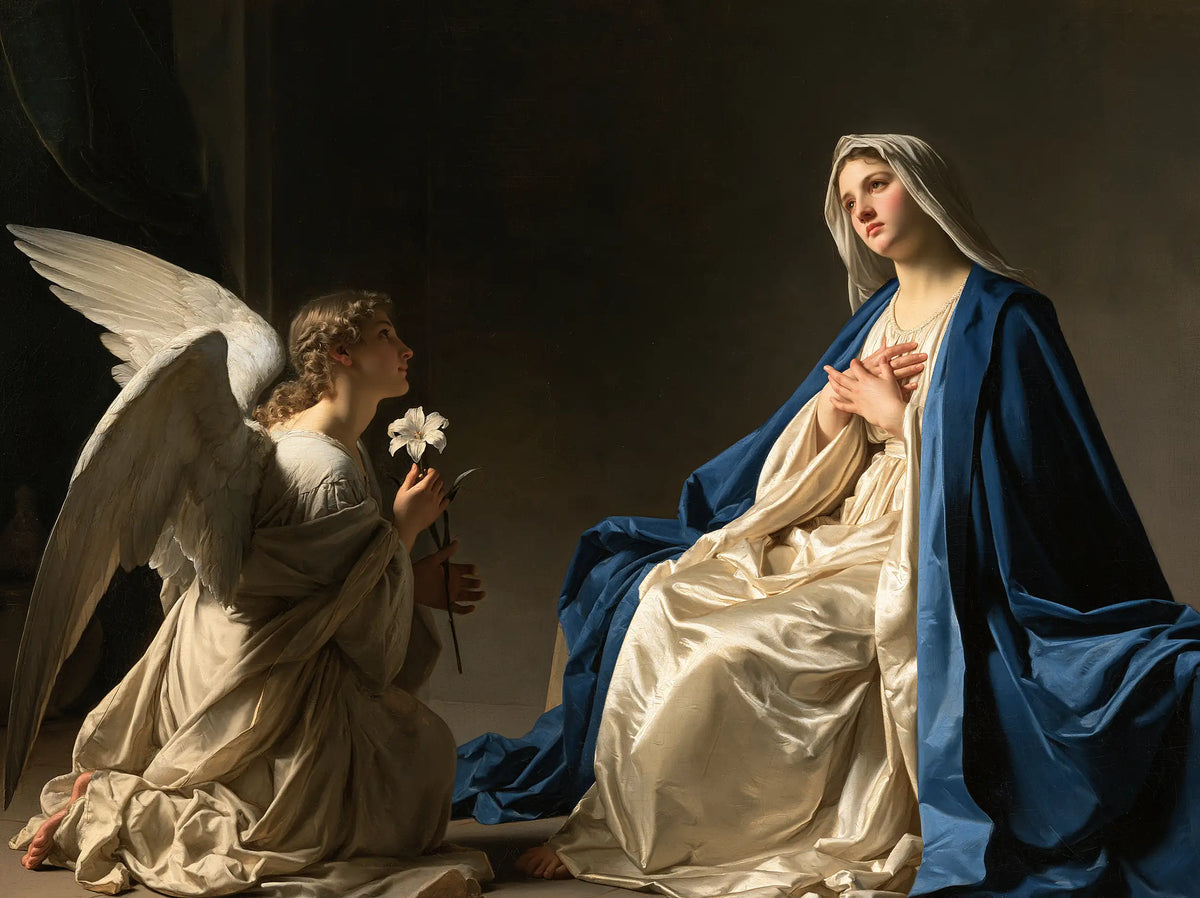 Gabriel before Mary in Still Shadow – Caravaggio-Inspired Tenebrist Art · Landscape